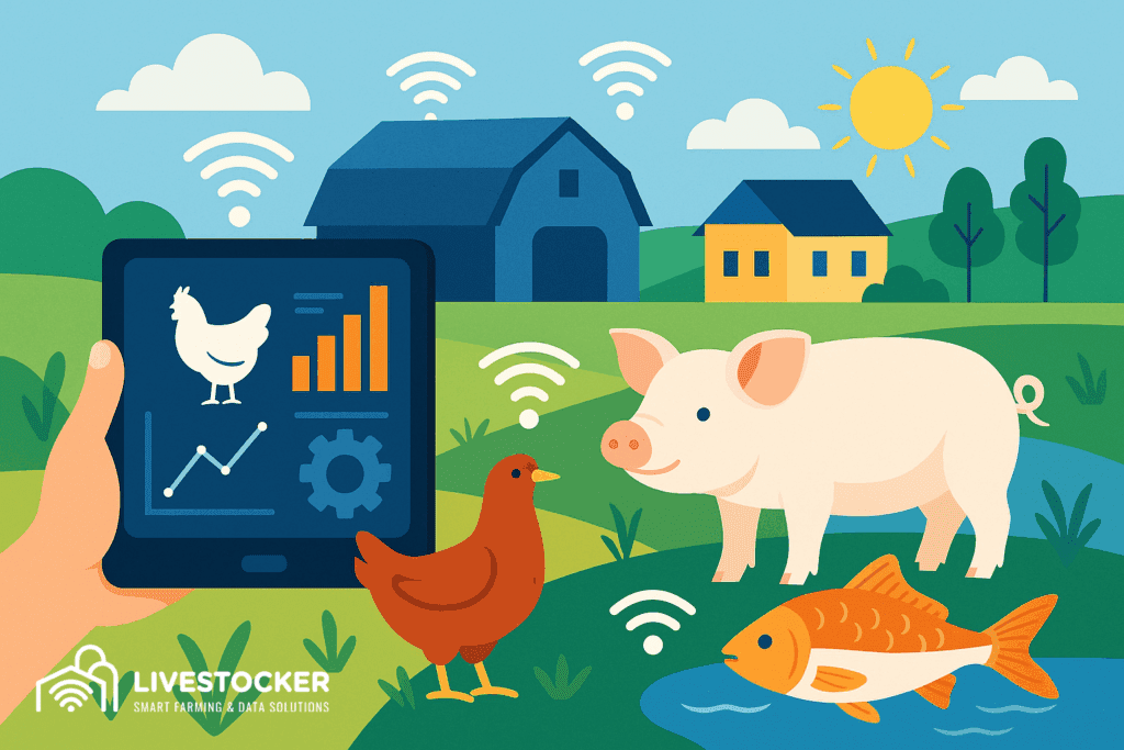 Smart farming software interface for poultry and aquaculture management, with farmers using tablets and automated data systems in a modern agricultural facility